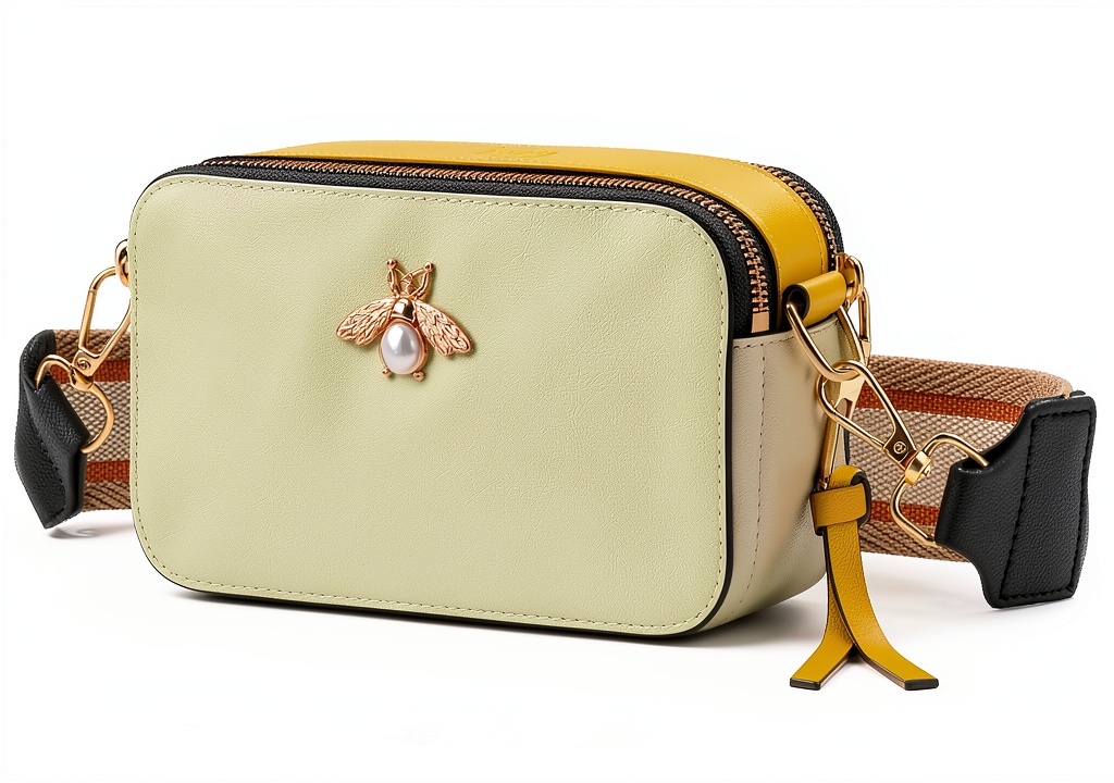 Bee crossbody bag showing front compartments and bee design