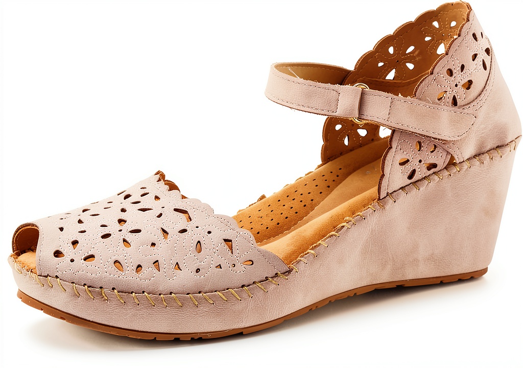 Patrizia Womens Wedge Sandals Laser Cut Vegan Comfort being tried on by a model on a marble floor