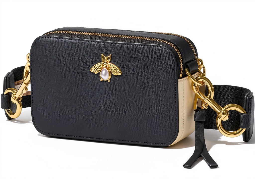 'Camera crossbody purse in Grey-black color on a table'