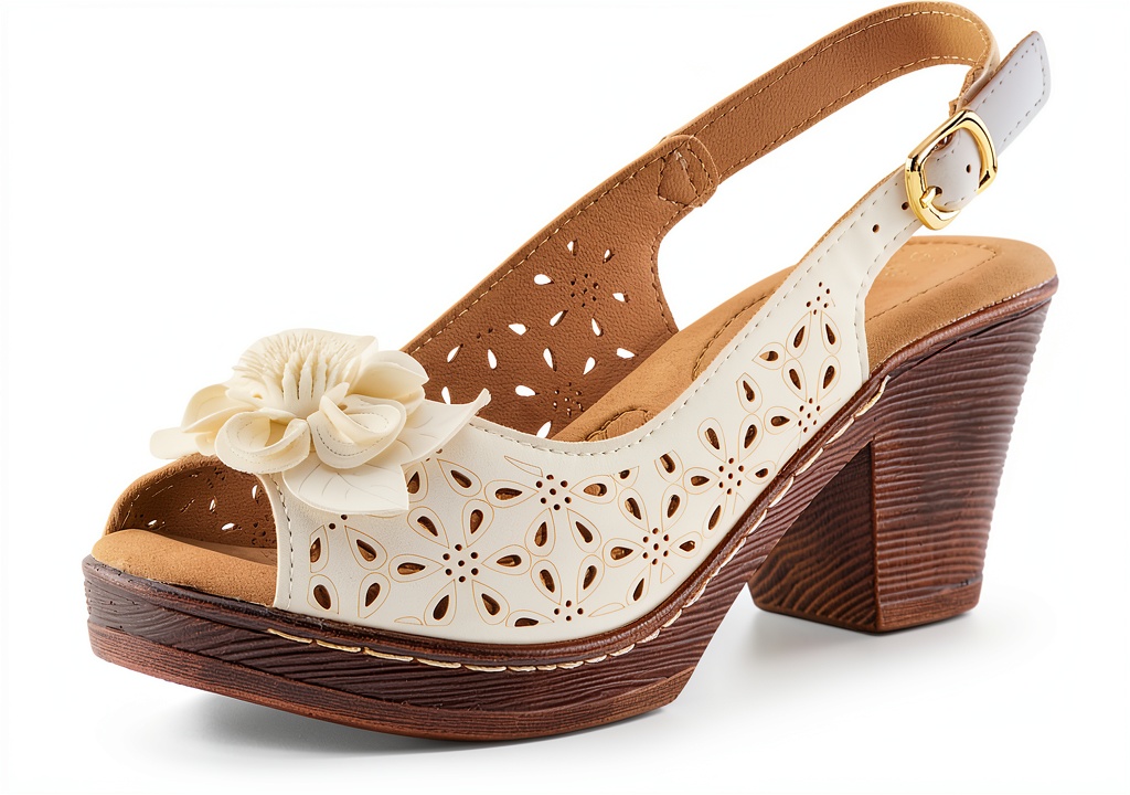 Patrizia womens heeled sandals in Taupe color showing flower design and adjustable buckle