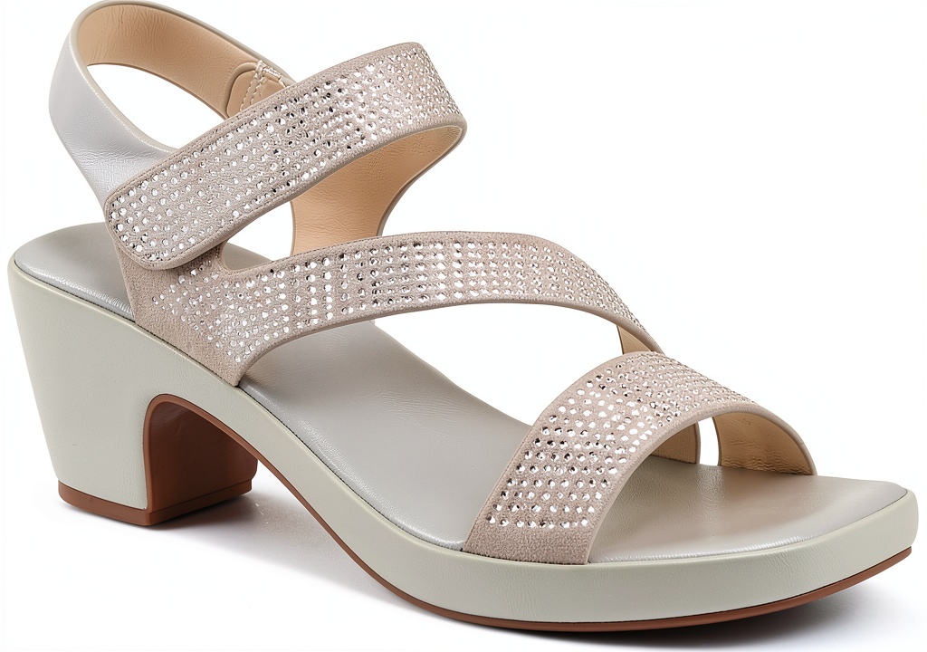 YADIEL women's heeled sandals showcasing crystal straps and low block heel