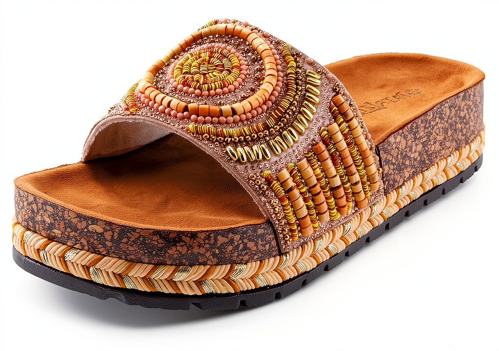 Patrizia Womens Slide Wedges Beaded Cork Sole Sandals displayed on a marble countertop