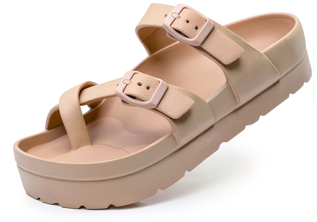 Pavo Womens Slide Sandals in Cream White color on a wooden floor