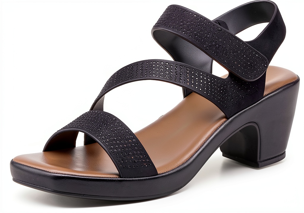 YADIEL women's heeled sandals showcasing crystal straps and low block heel