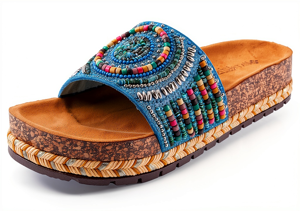 Patrizia womens slide sandals with beaded upper and cork wedge outsole
