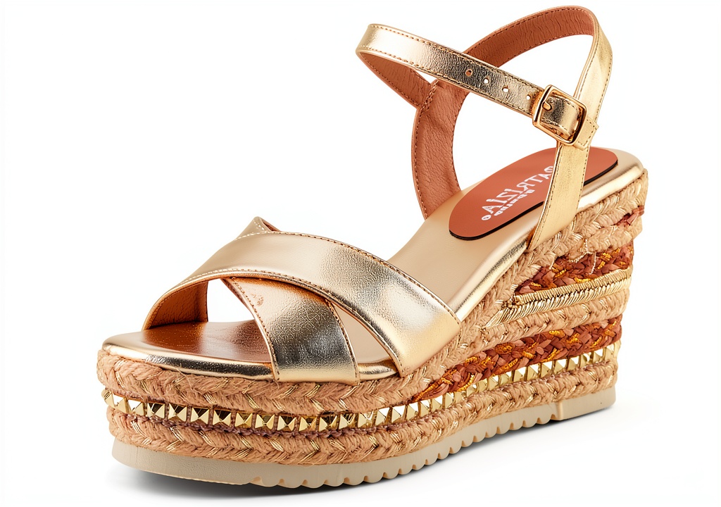 Patrizia wedge sandals in soft gold and brown colors showcasing the crisscross straps and wedge design