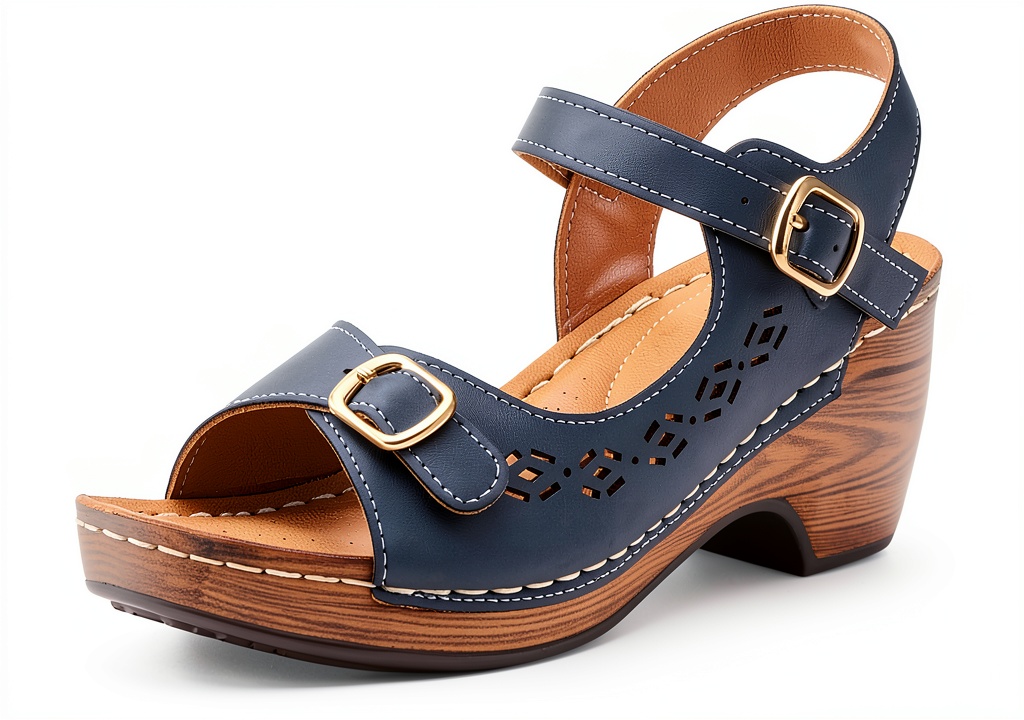Patrizia wedge sandals in tan color on a wooden floor